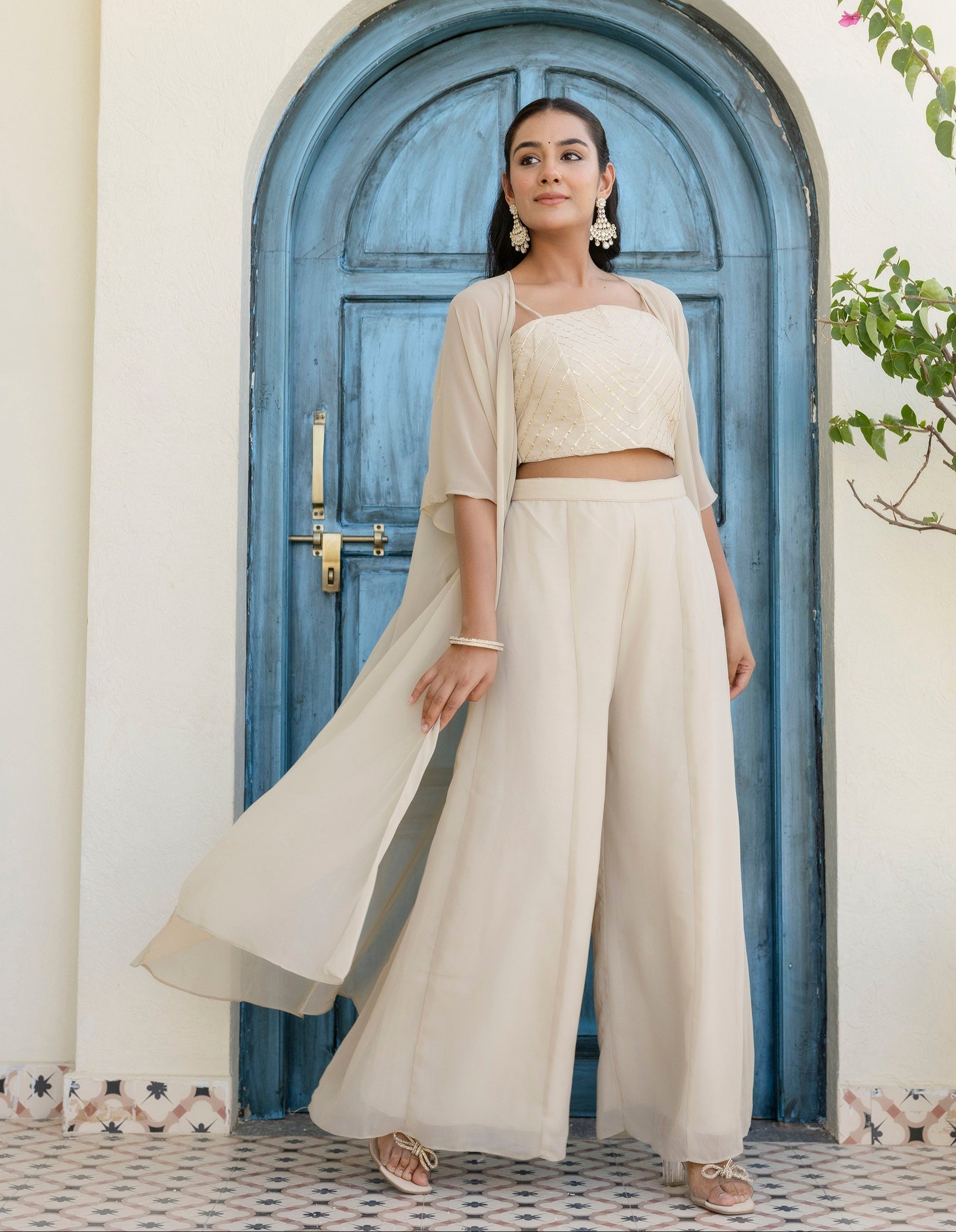 Appealing Cream Georgette Gota Patti Worked Top Palazzo Shrug Set - ETHNICDEAL