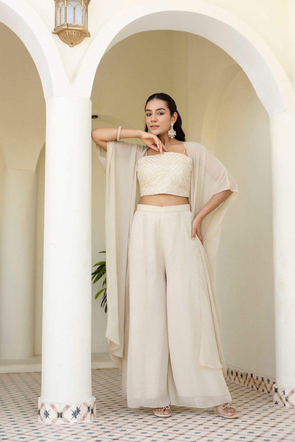 Appealing Cream Georgette Gota Patti Worked Top Palazzo Shrug Set - ETHNICDEAL