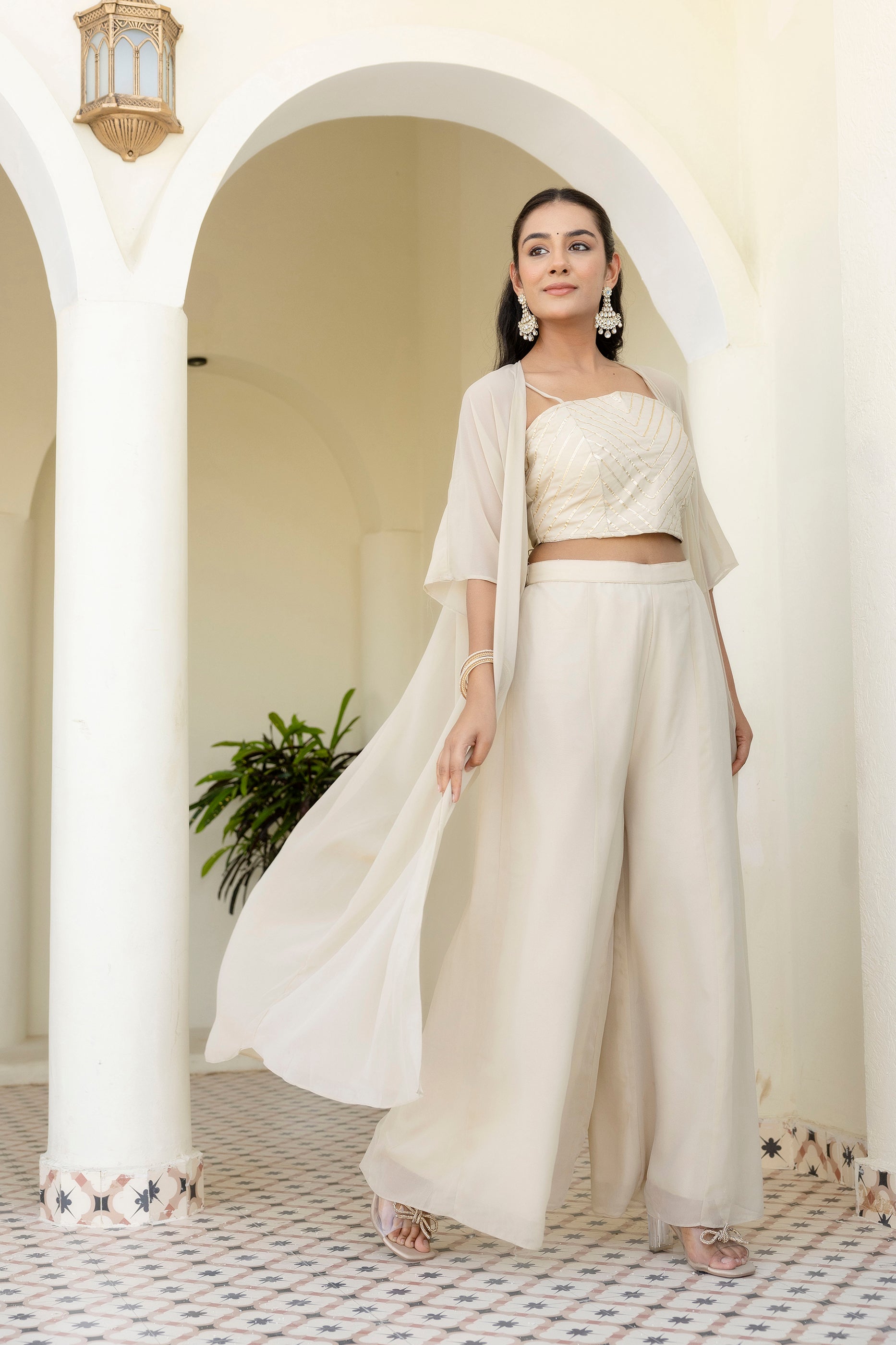 Appealing Cream Georgette Gota Patti Worked Top Palazzo Shrug Set - ETHNICDEAL