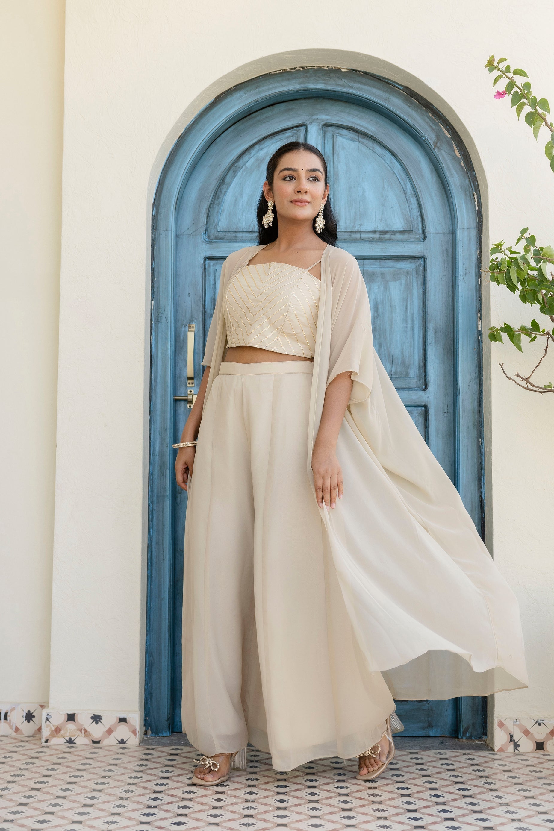 Appealing Cream Georgette Gota Patti Worked Top Palazzo Shrug Set - ETHNICDEAL