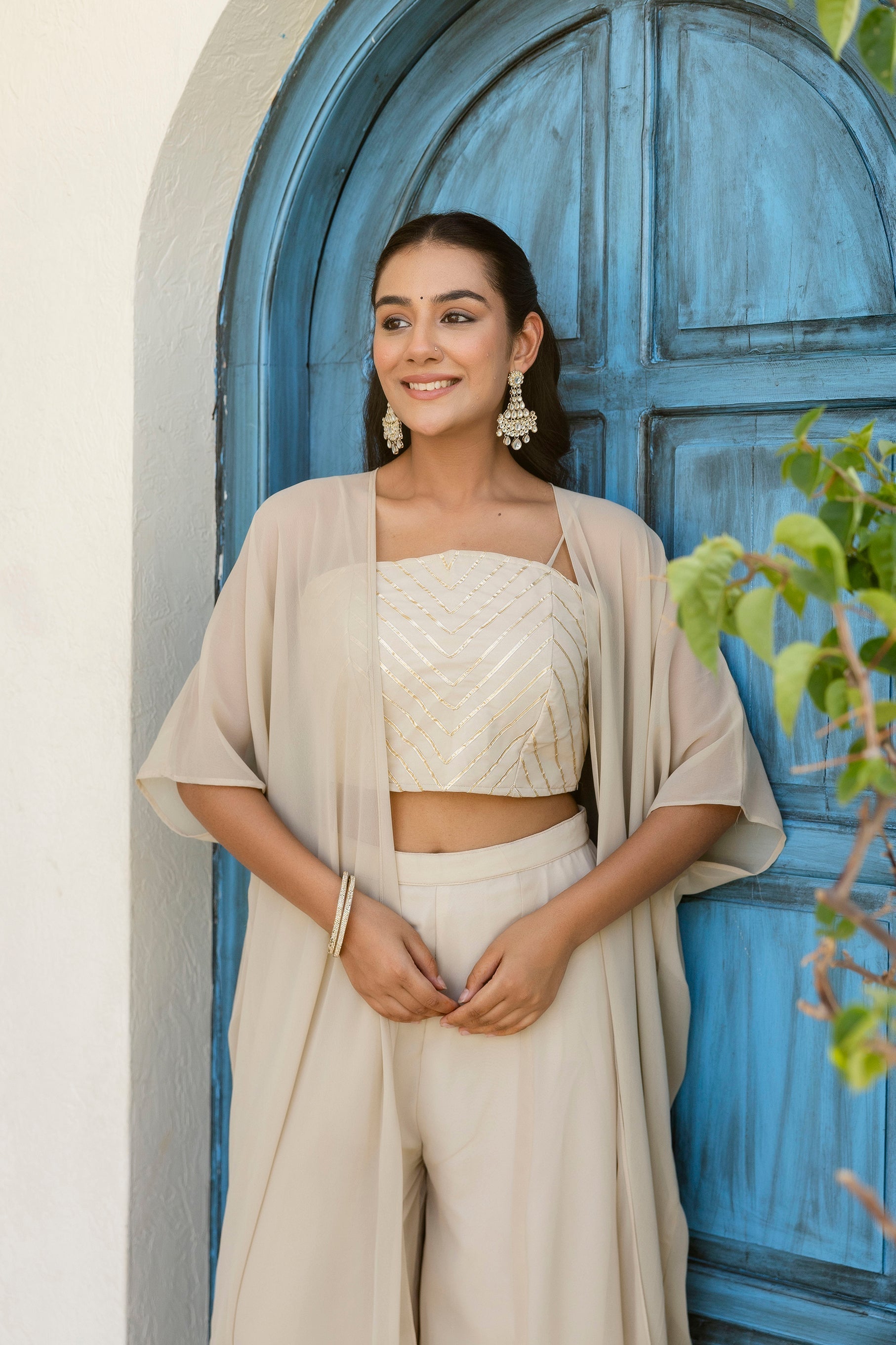 Appealing Cream Georgette Gota Patti Worked Top Palazzo Shrug Set - ETHNICDEAL