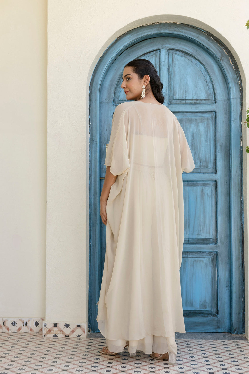 Appealing Cream Georgette Gota Patti Worked Top Palazzo Shrug Set - ETHNICDEAL