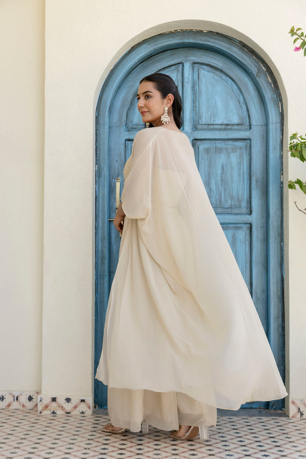 Appealing Cream Georgette Gota Patti Worked Top Palazzo Shrug Set - ETHNICDEAL