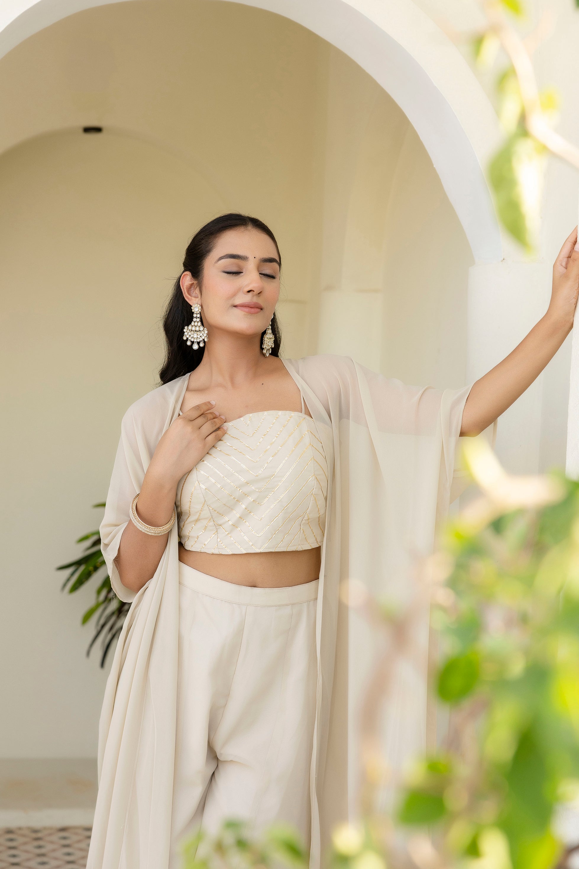 Appealing Cream Georgette Gota Patti Worked Top Palazzo Shrug Set - ETHNICDEAL