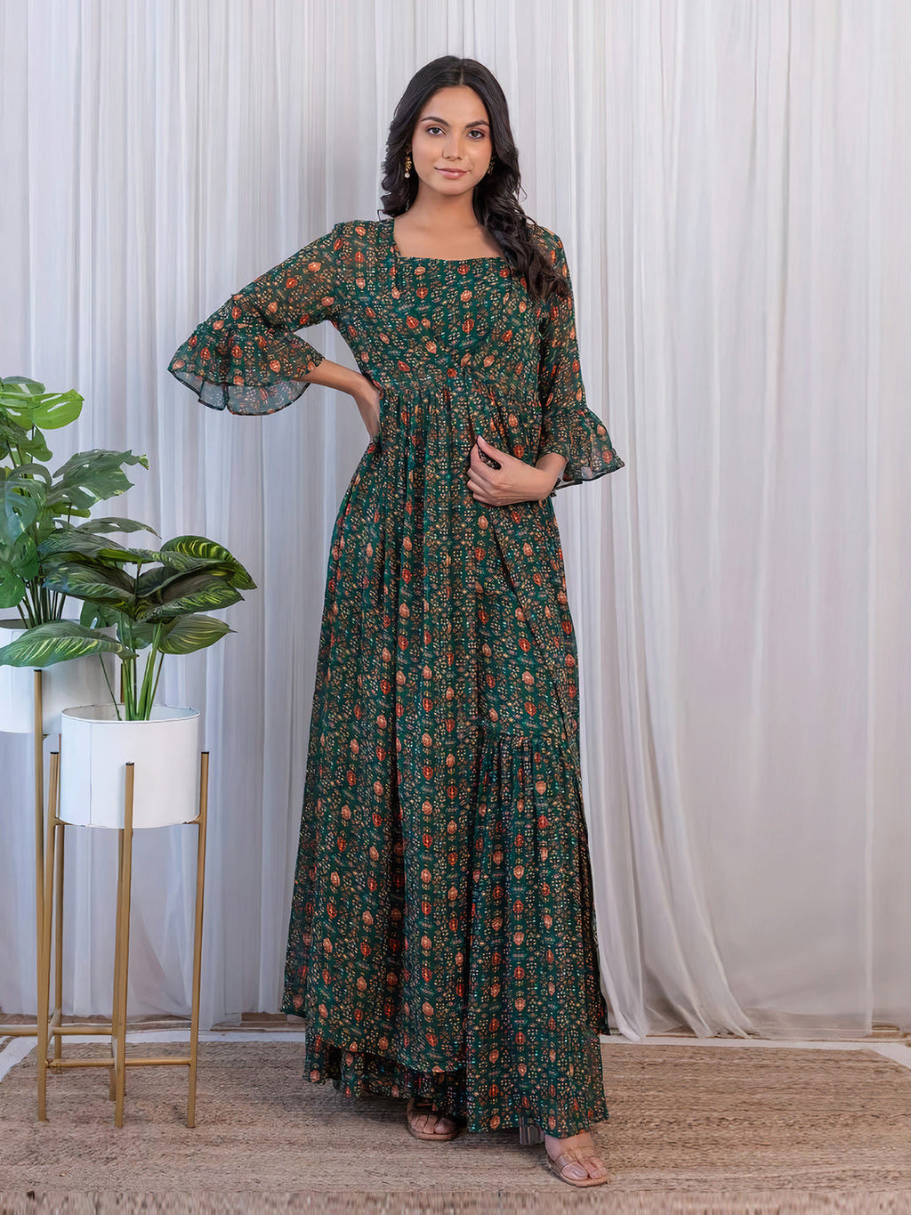 Elegant Green Georgette Top Sharara Suit With Jacket - ETHNICDEAL