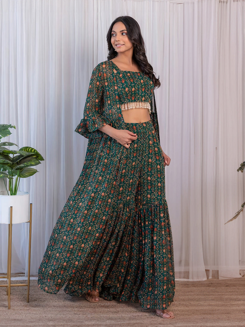 Elegant Green Georgette Top Sharara Suit With Jacket - ETHNICDEAL
