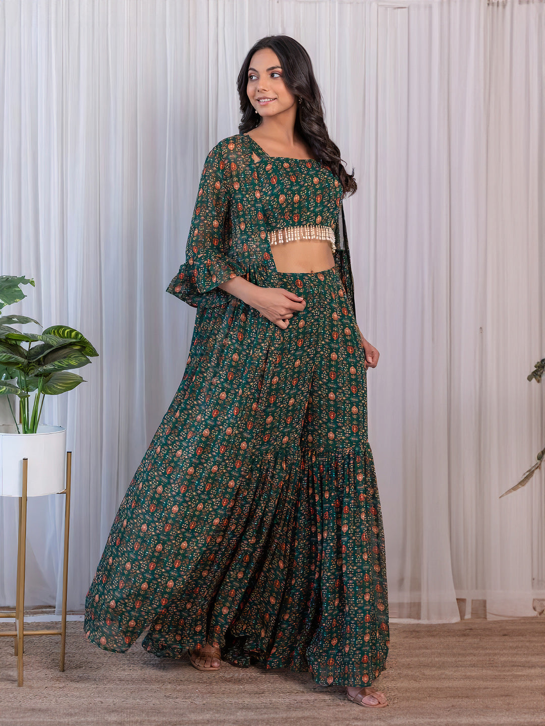 Elegant Green Georgette Top Sharara Suit With Jacket - ETHNICDEAL