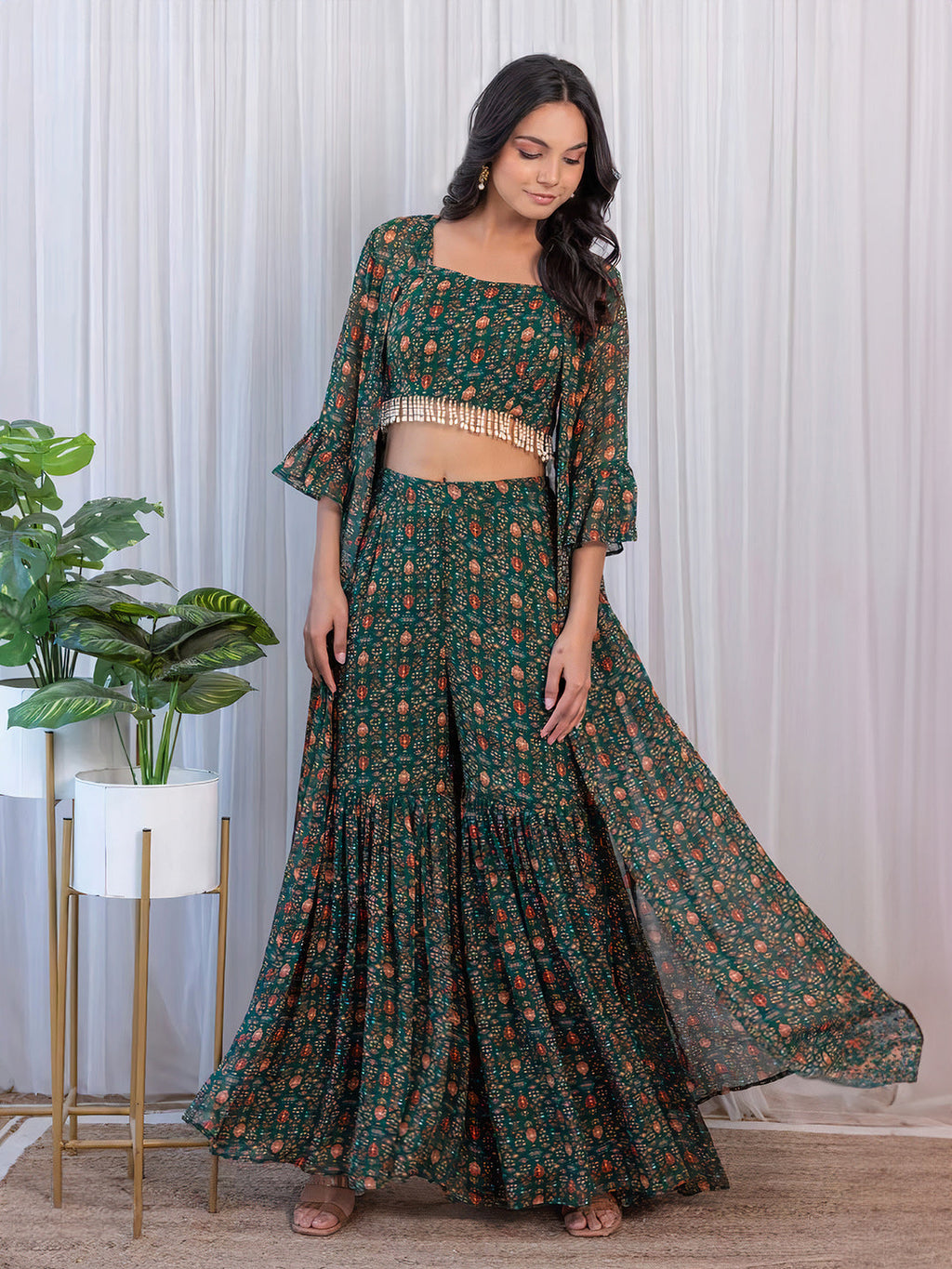 Elegant Green Georgette Top Sharara Suit With Jacket - ETHNICDEAL