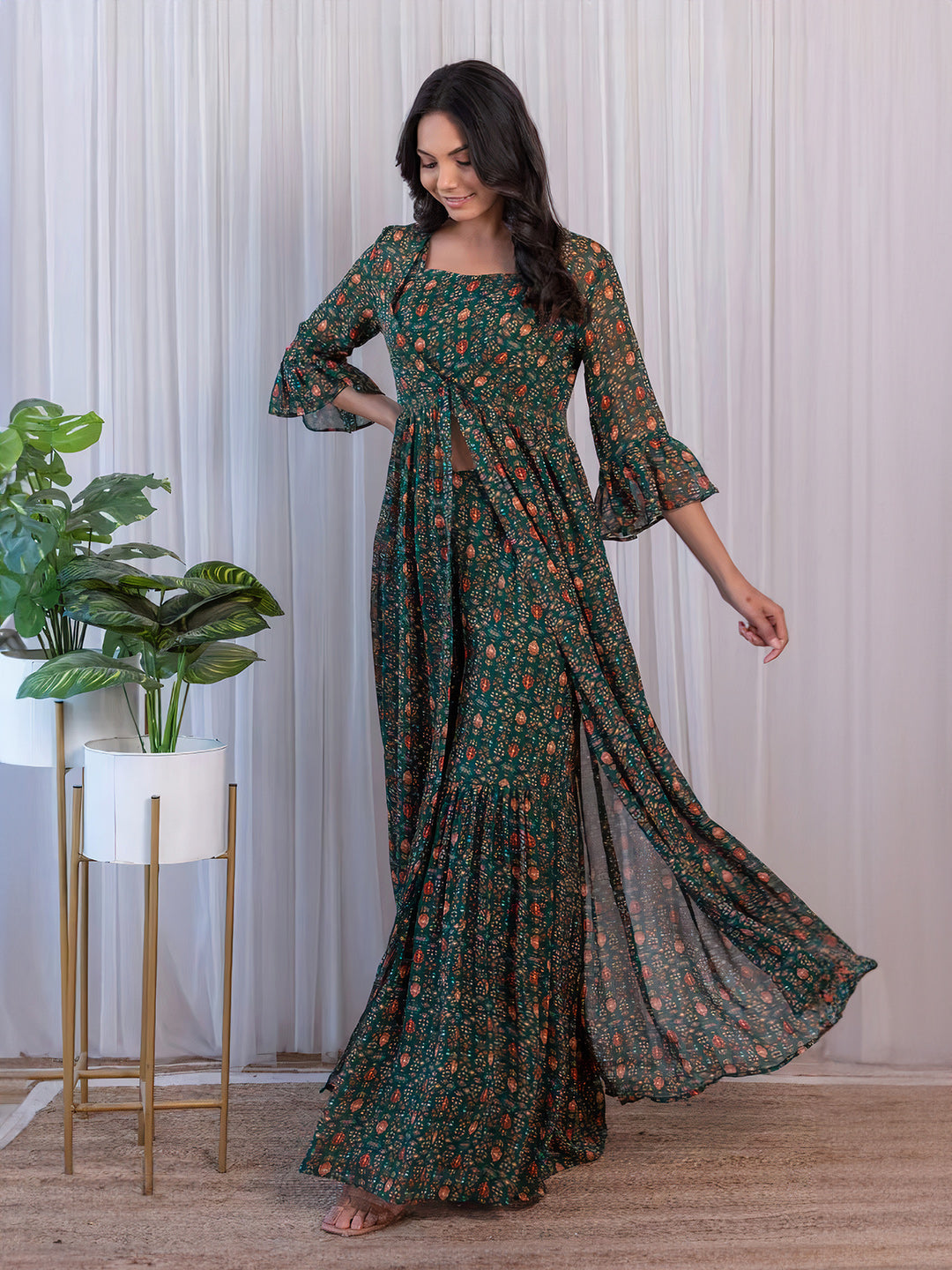 Elegant Green Georgette Top Sharara Suit With Jacket - ETHNICDEAL