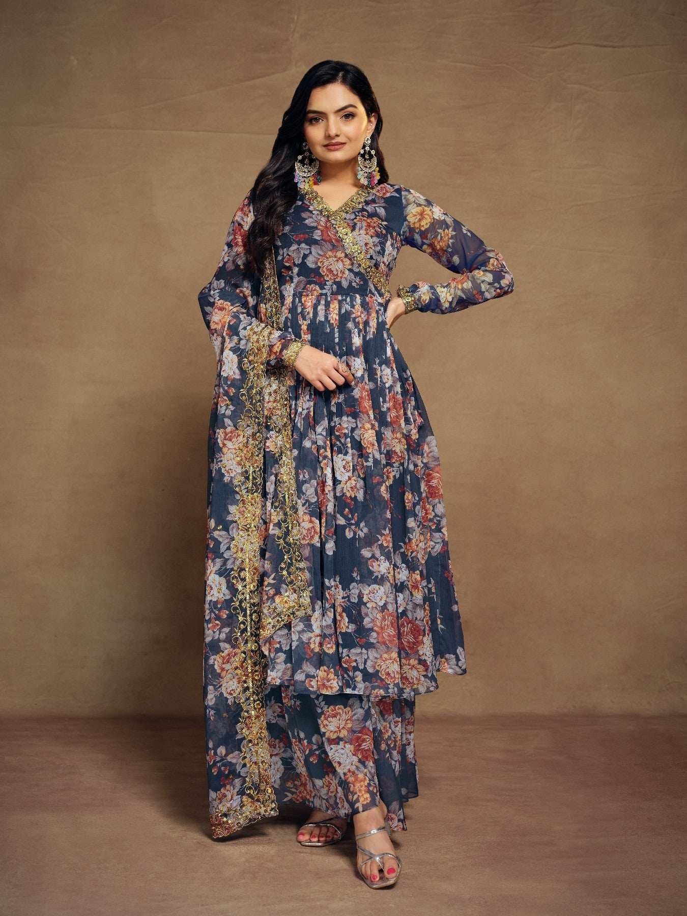Elegant Navy Blue Zari Embroidered Floral Chiffon Top Palazzo Suit - ETHNICDEAL