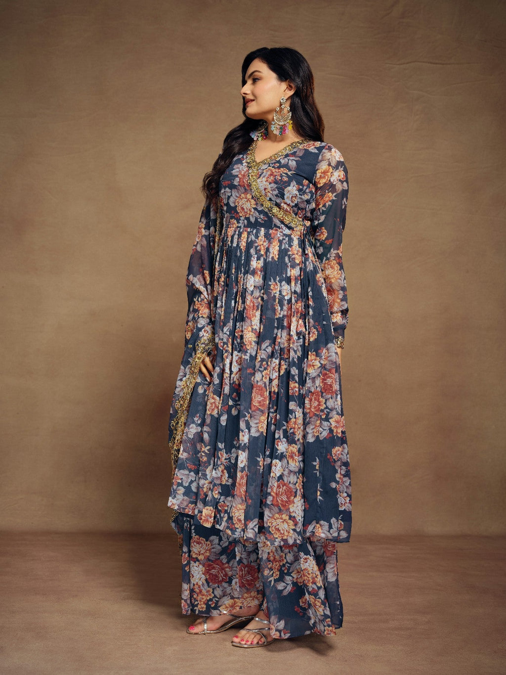 Elegant Navy Blue Zari Embroidered Floral Chiffon Top Palazzo Suit - ETHNICDEAL