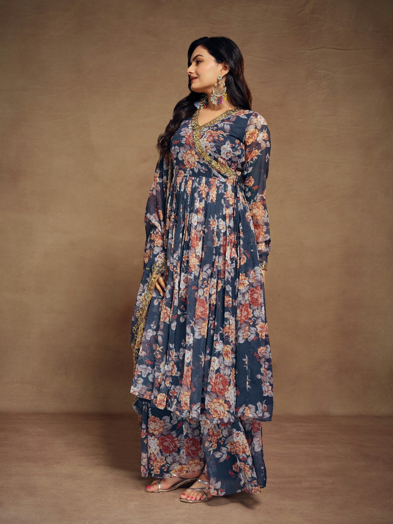 Elegant Navy Blue Zari Embroidered Floral Chiffon Top Palazzo Suit - ETHNICDEAL
