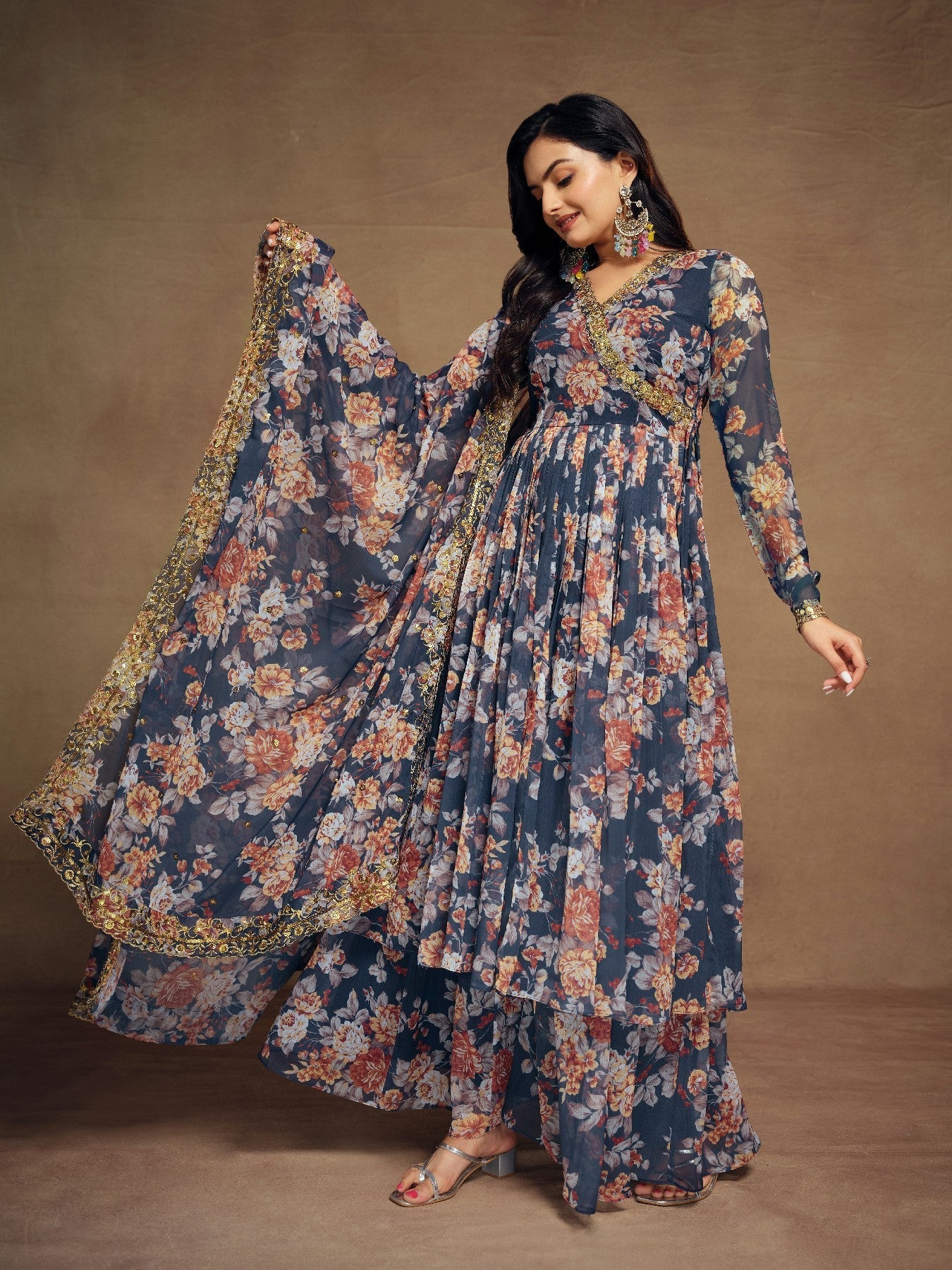 Elegant Navy Blue Zari Embroidered Floral Chiffon Top Palazzo Suit - ETHNICDEAL