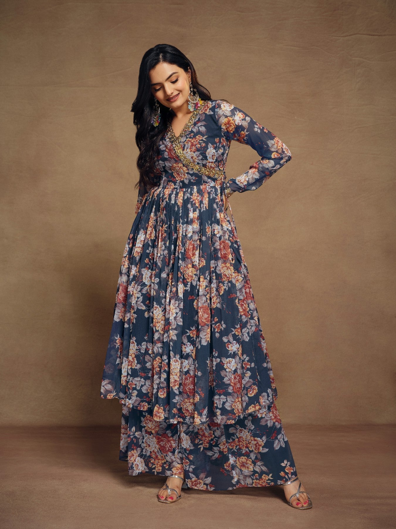 Elegant Navy Blue Zari Embroidered Floral Chiffon Top Palazzo Suit - ETHNICDEAL