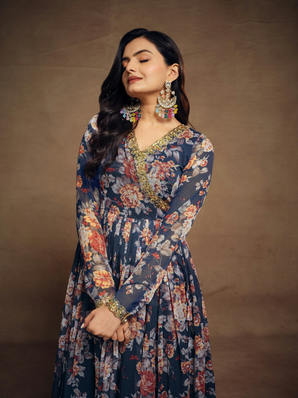 Elegant Navy Blue Zari Embroidered Floral Chiffon Top Palazzo Suit - ETHNICDEAL