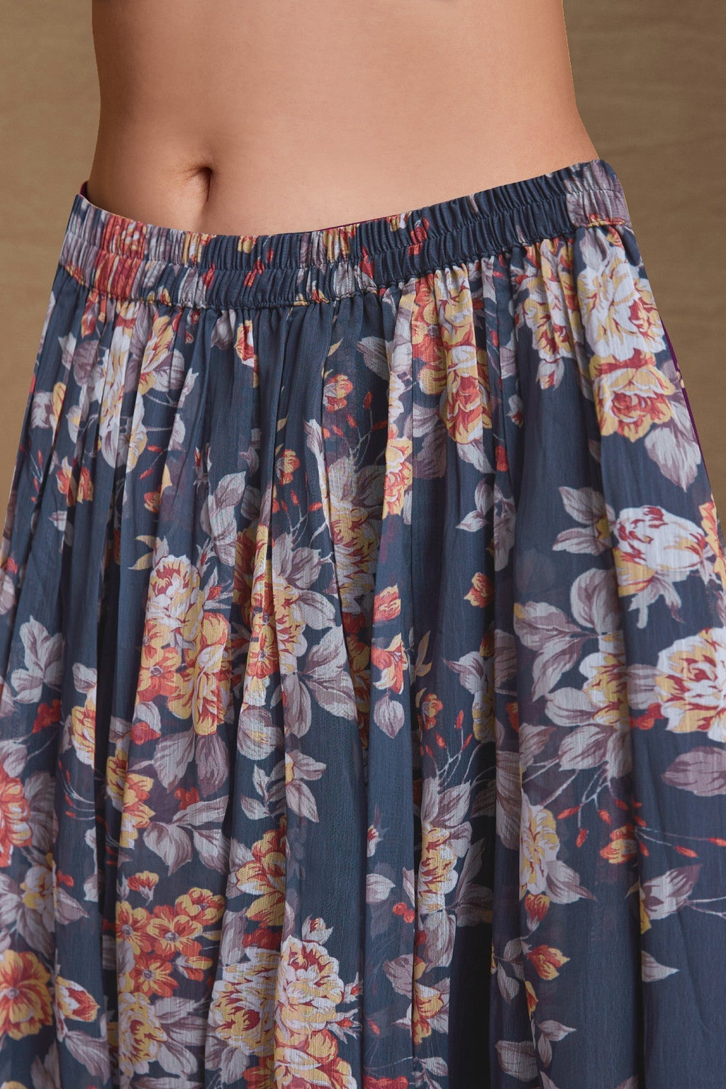 Elegant Navy Blue Zari Embroidered Floral Chiffon Top Palazzo Suit - ETHNICDEAL