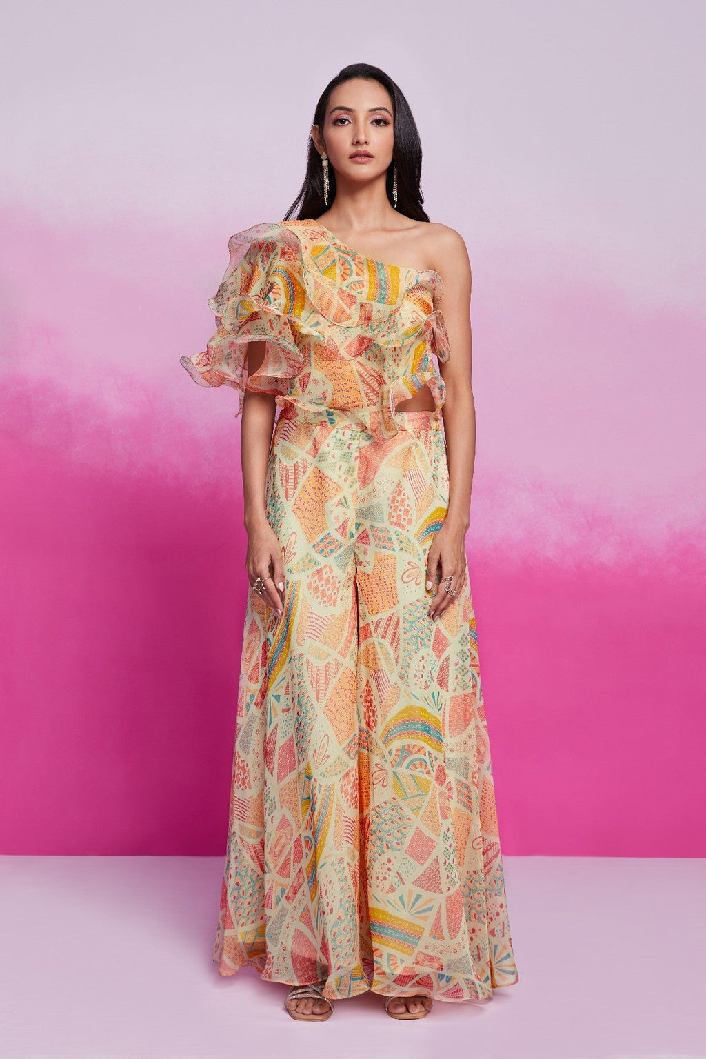 Graceful Elegance Cream Organza Top Palazzo Set - ETHNICDEAL