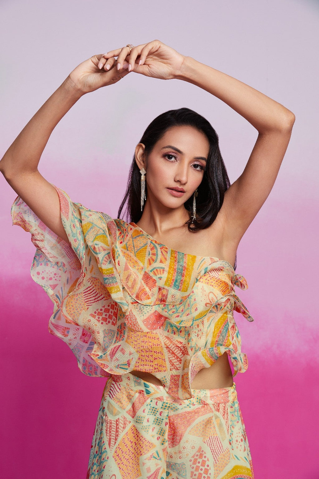 Graceful Elegance Cream Organza Top Palazzo Set - ETHNICDEAL