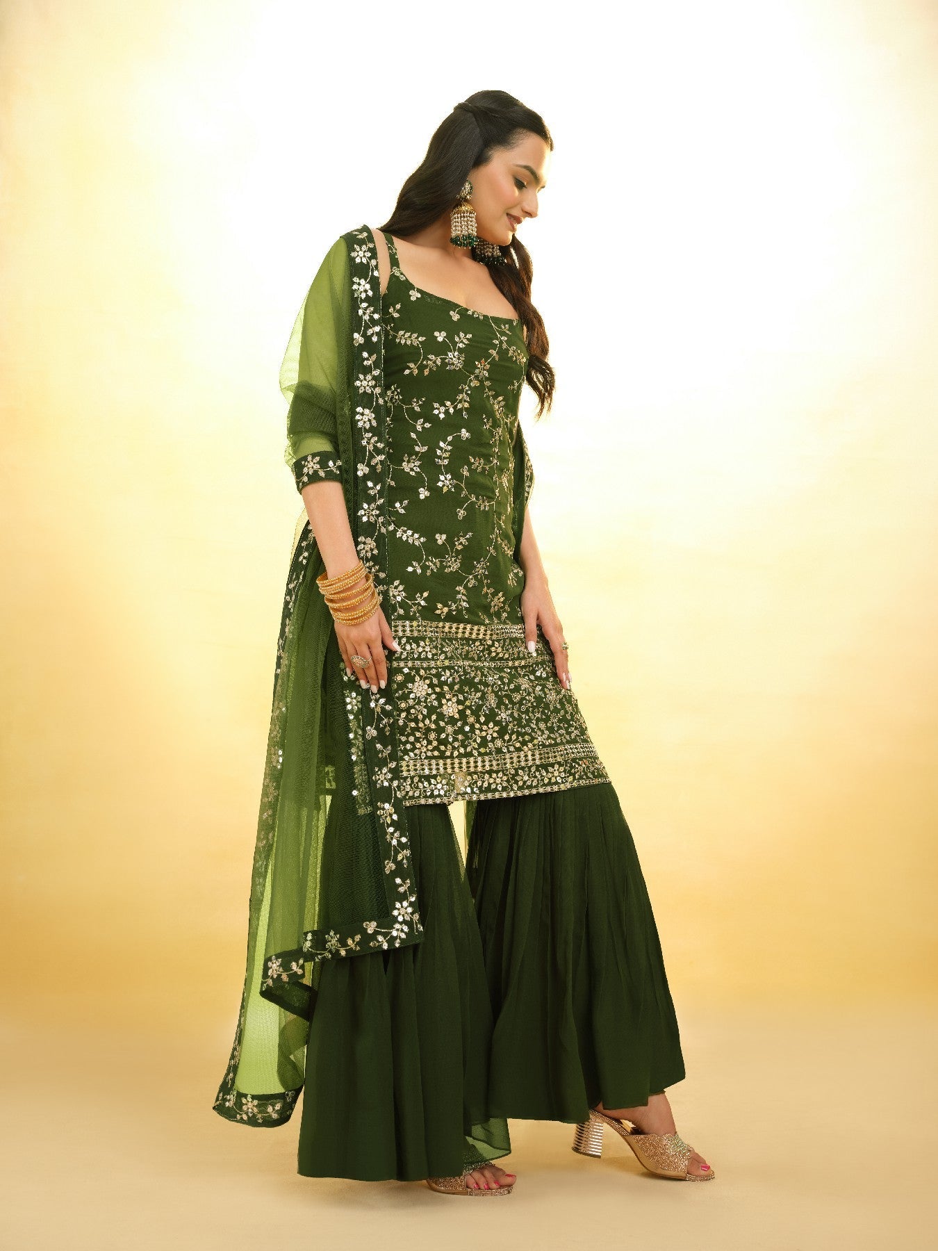 Green Graceful Georgette Sequins Worked Top Sharara Suit - ETHNICDEAL