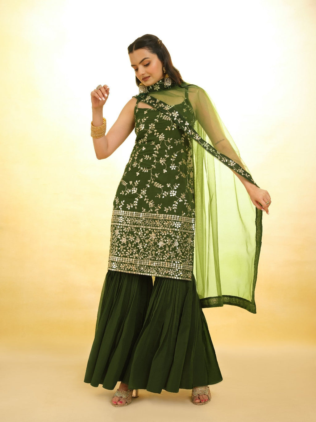 Green Graceful Georgette Sequins Worked Top Sharara Suit - ETHNICDEAL