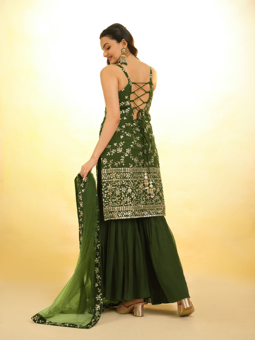 Green Graceful Georgette Sequins Worked Top Sharara Suit - ETHNICDEAL