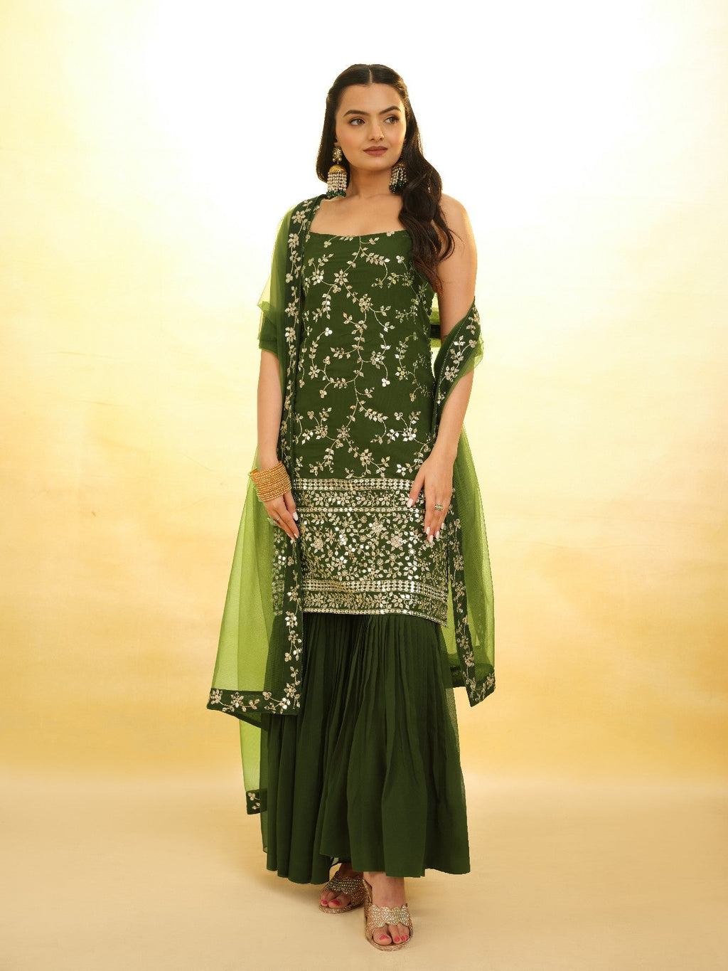 Green Graceful Georgette Sequins Worked Top Sharara Suit - ETHNICDEAL