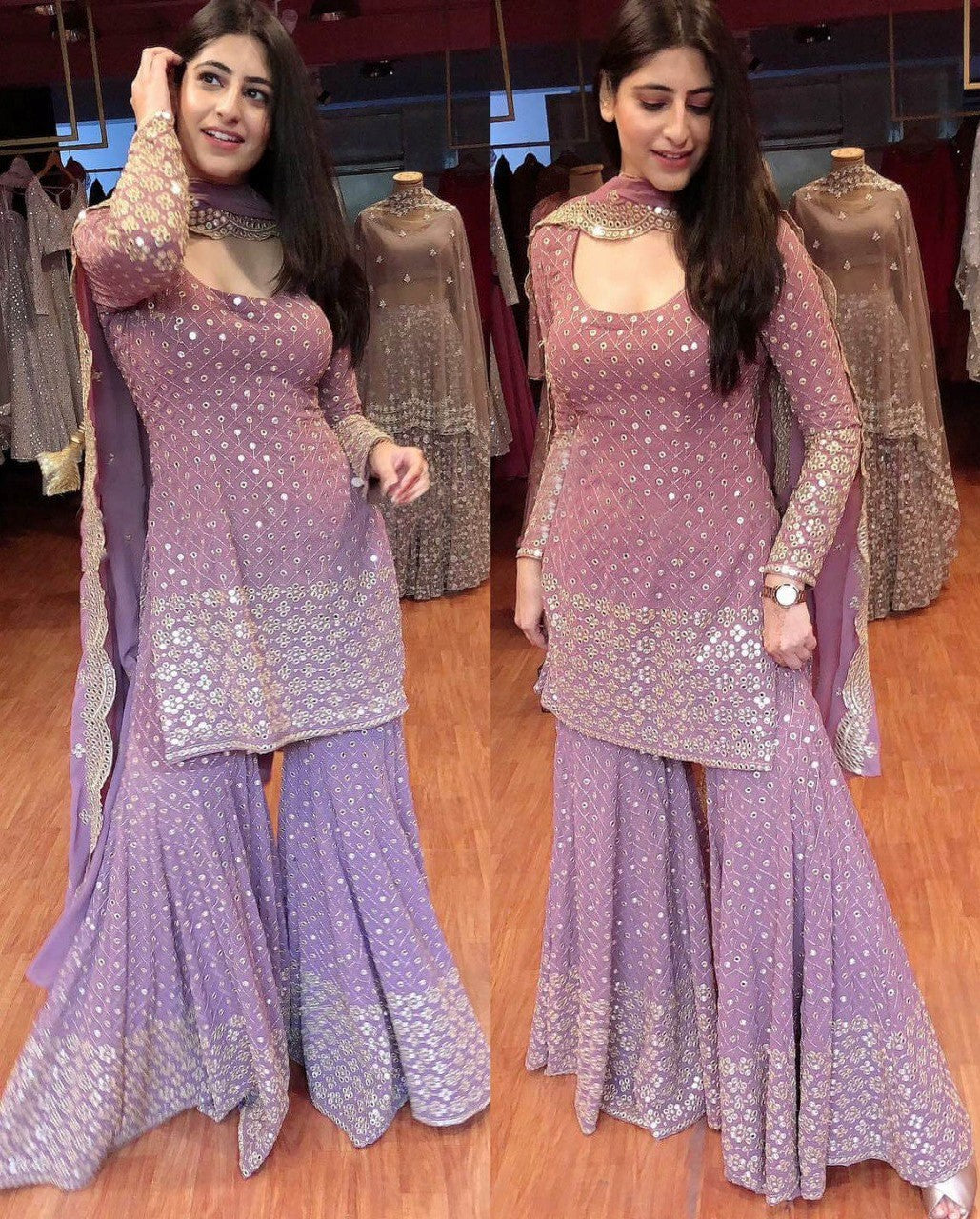 Lilac Georgette Top Sharara Suit With 9-mm Sequins & Zari Work - ETHNICDEAL