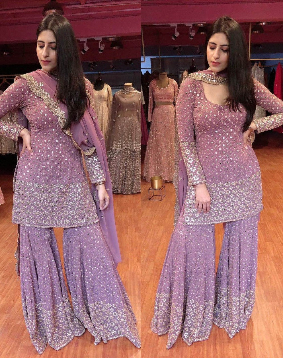 Lilac Georgette Top Sharara Suit With 9-mm Sequins & Zari Work - ETHNICDEAL