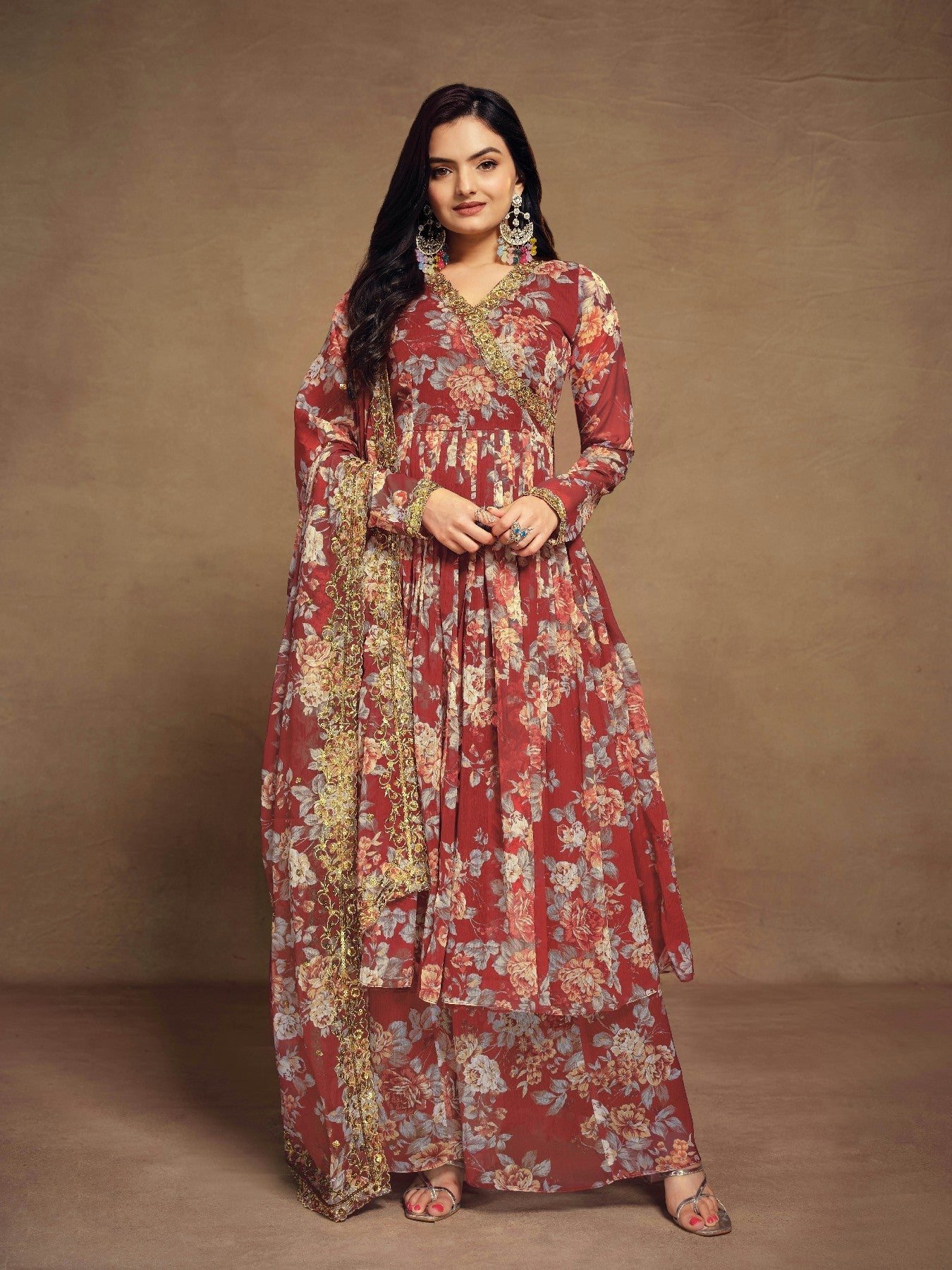 Maroon Zari Embroidered Floral Printed Chiffon Top Palazzo Suit - ETHNICDEAL