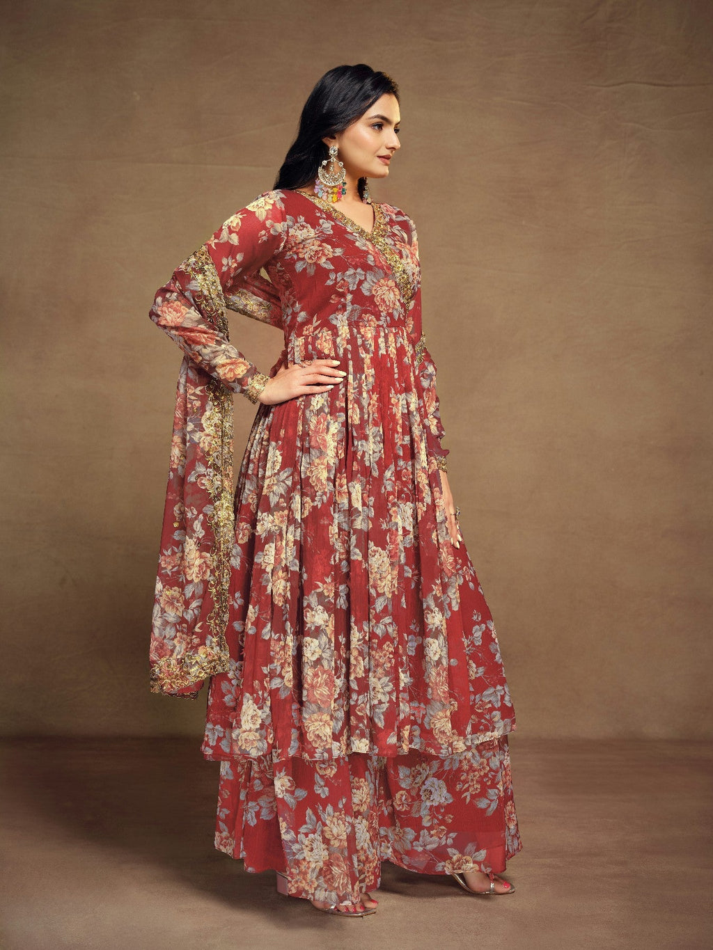 Maroon Zari Embroidered Floral Printed Chiffon Top Palazzo Suit - ETHNICDEAL