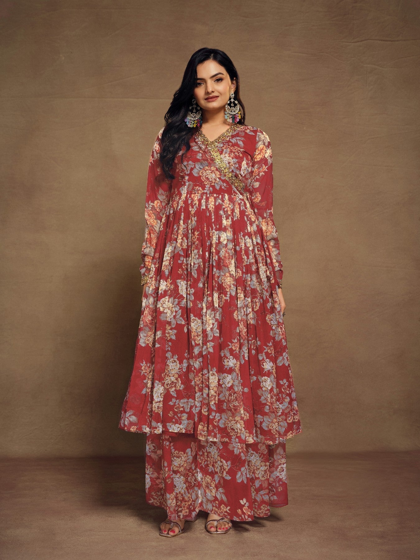 Maroon Zari Embroidered Floral Printed Chiffon Top Palazzo Suit - ETHNICDEAL