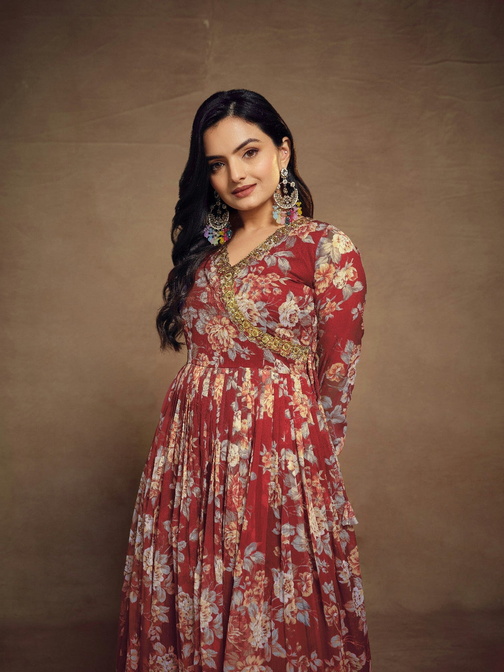 Maroon Zari Embroidered Floral Printed Chiffon Top Palazzo Suit - ETHNICDEAL