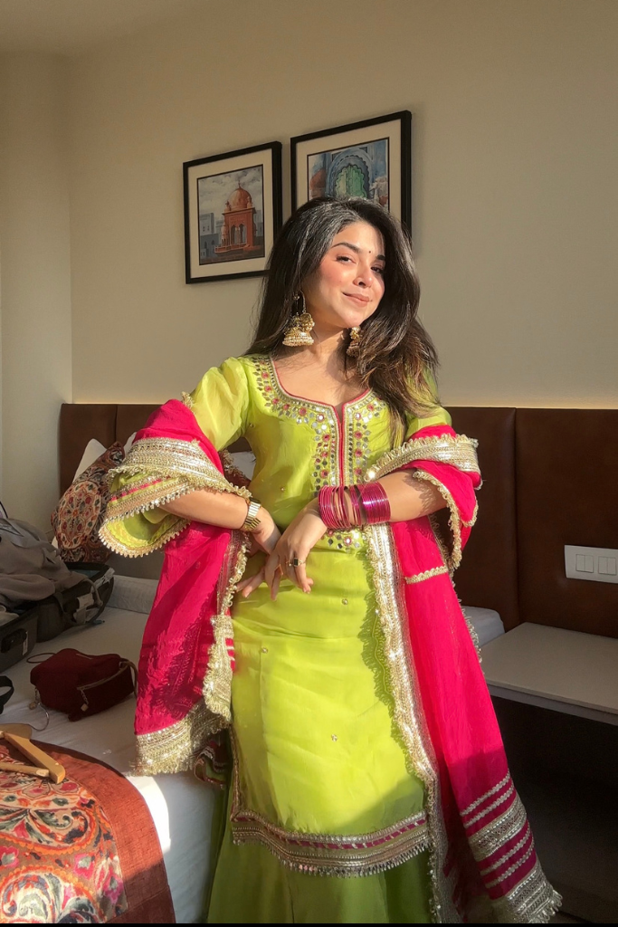 Parrot Designer Palazzo Suit – Luxury Thread & Sequins Embroidery - ETHNICDEAL