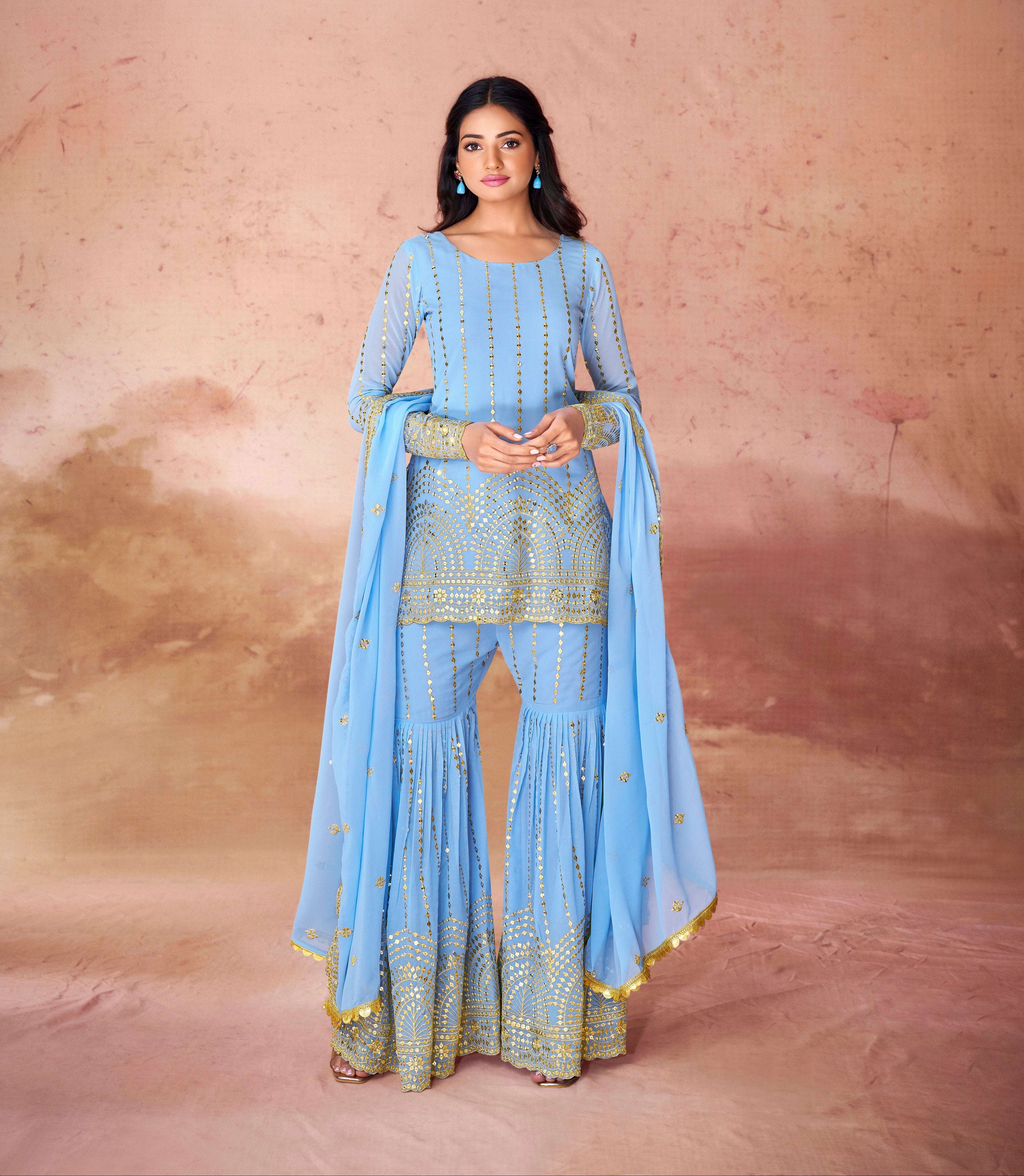 Sky Blue Georgette Sequins Embroidered Top Sharara Suit - ETHNICDEAL