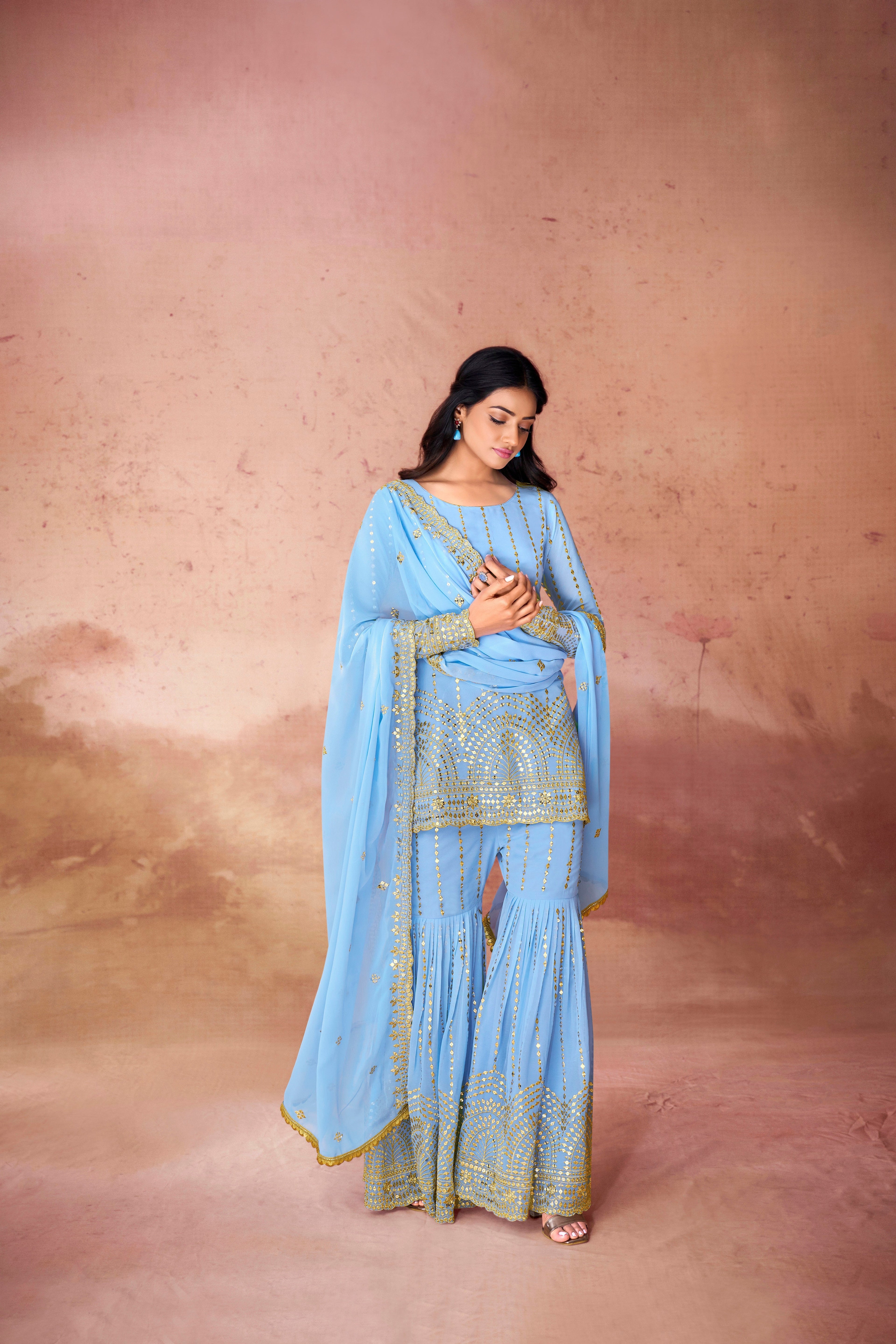 Sky Blue Georgette Sequins Embroidered Top Sharara Suit - ETHNICDEAL