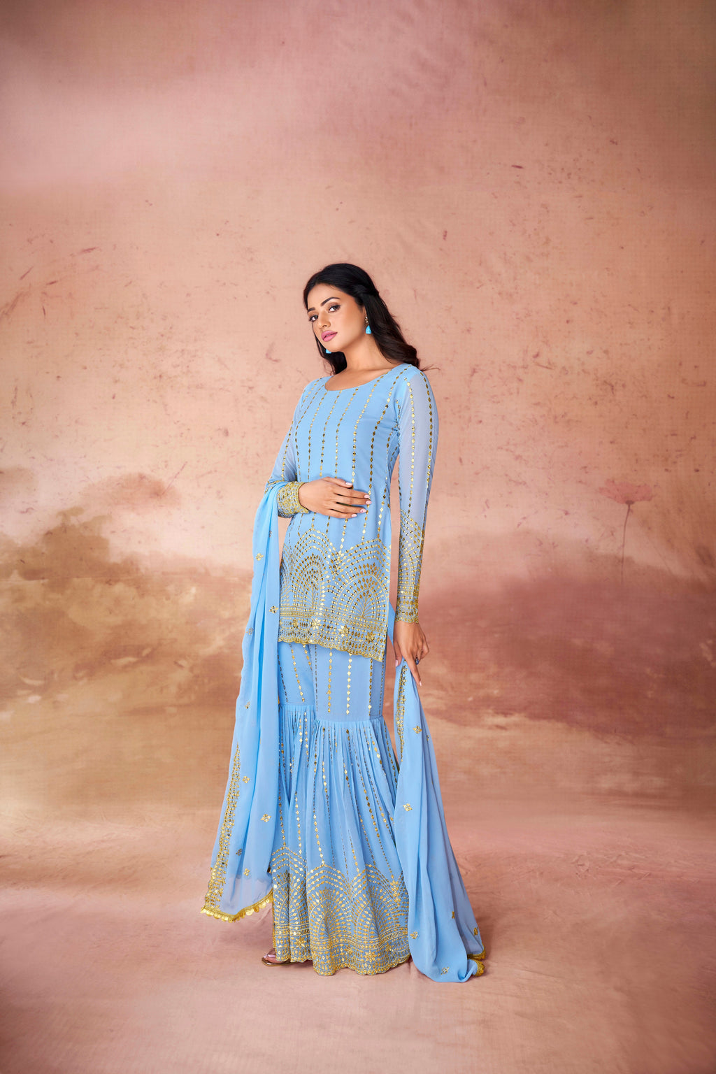 Sky Blue Georgette Sequins Embroidered Top Sharara Suit - ETHNICDEAL