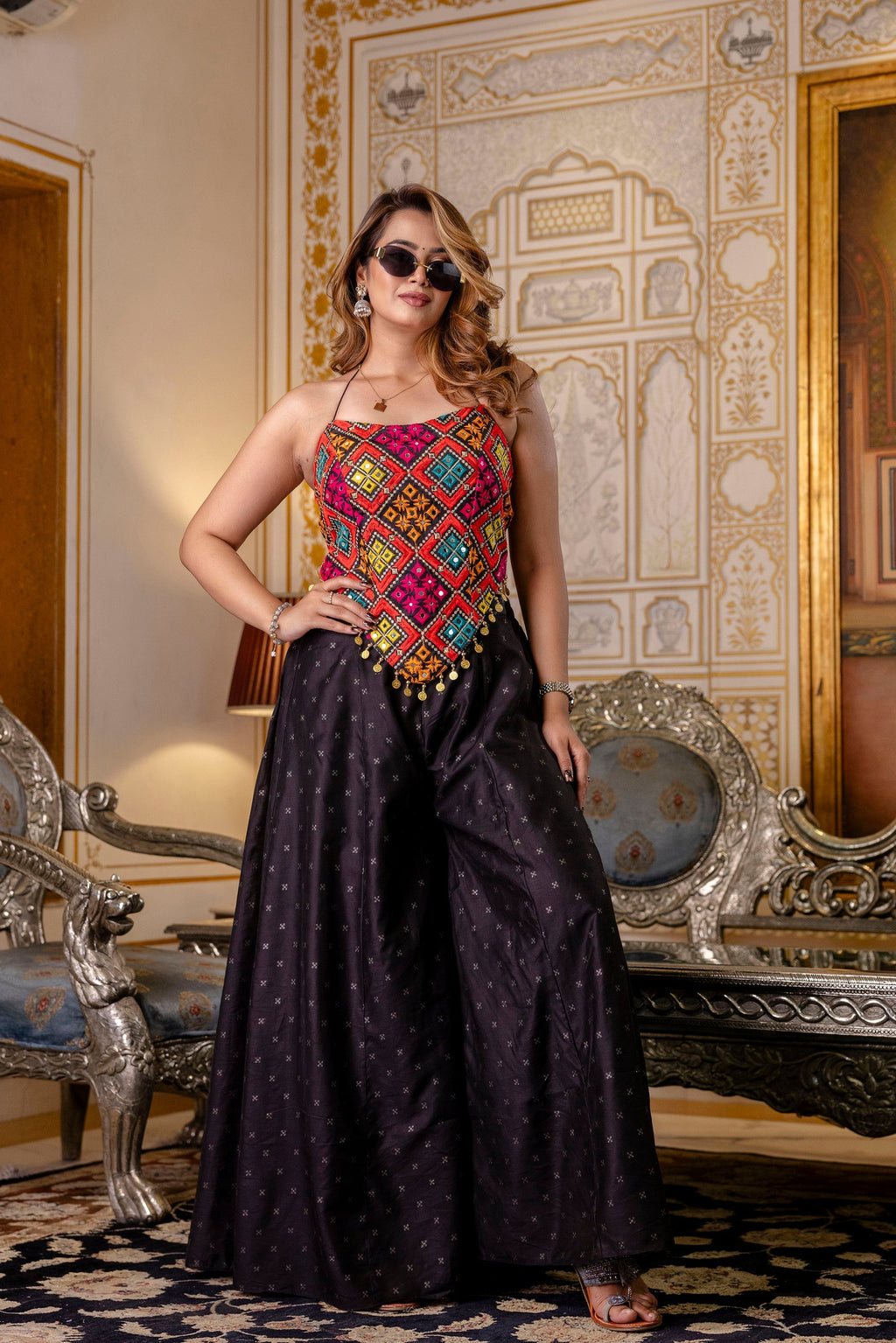 Stylish Black Embroidered Top & Pure Butti Flairy Palazzo Set - ETHNICDEAL