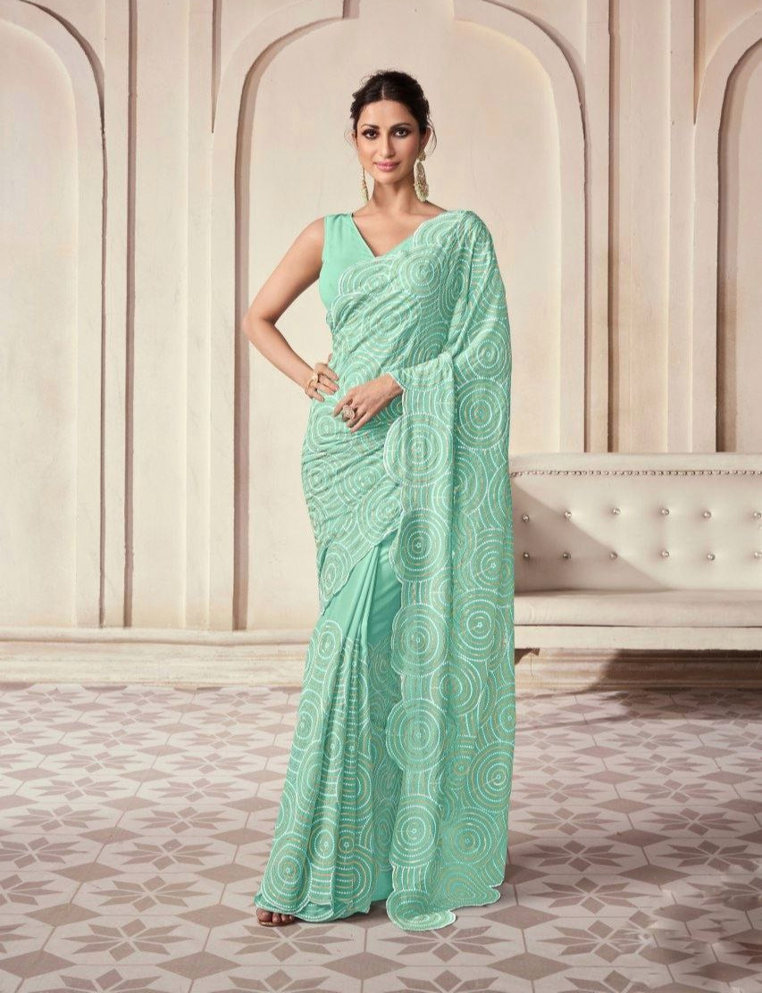 Aqua Georgette Saree With Elegant Embroidery Work - ETHNICDEAL