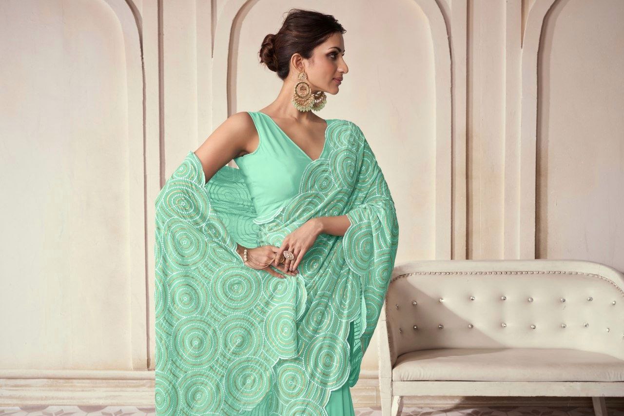 Aqua Georgette Saree With Elegant Embroidery Work - ETHNICDEAL