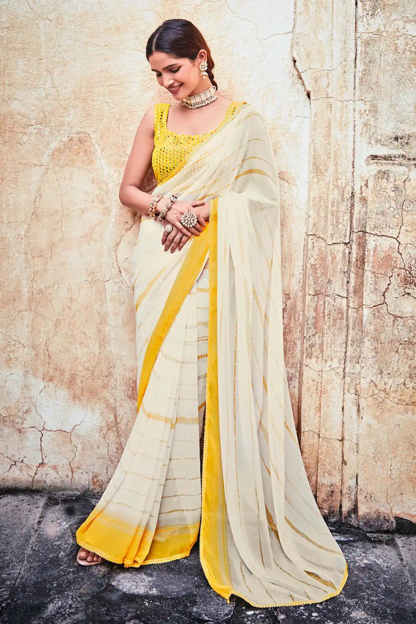 Cream Georgette Saree with Foil Mirror & Embroidered Work - ETHNICDEAL