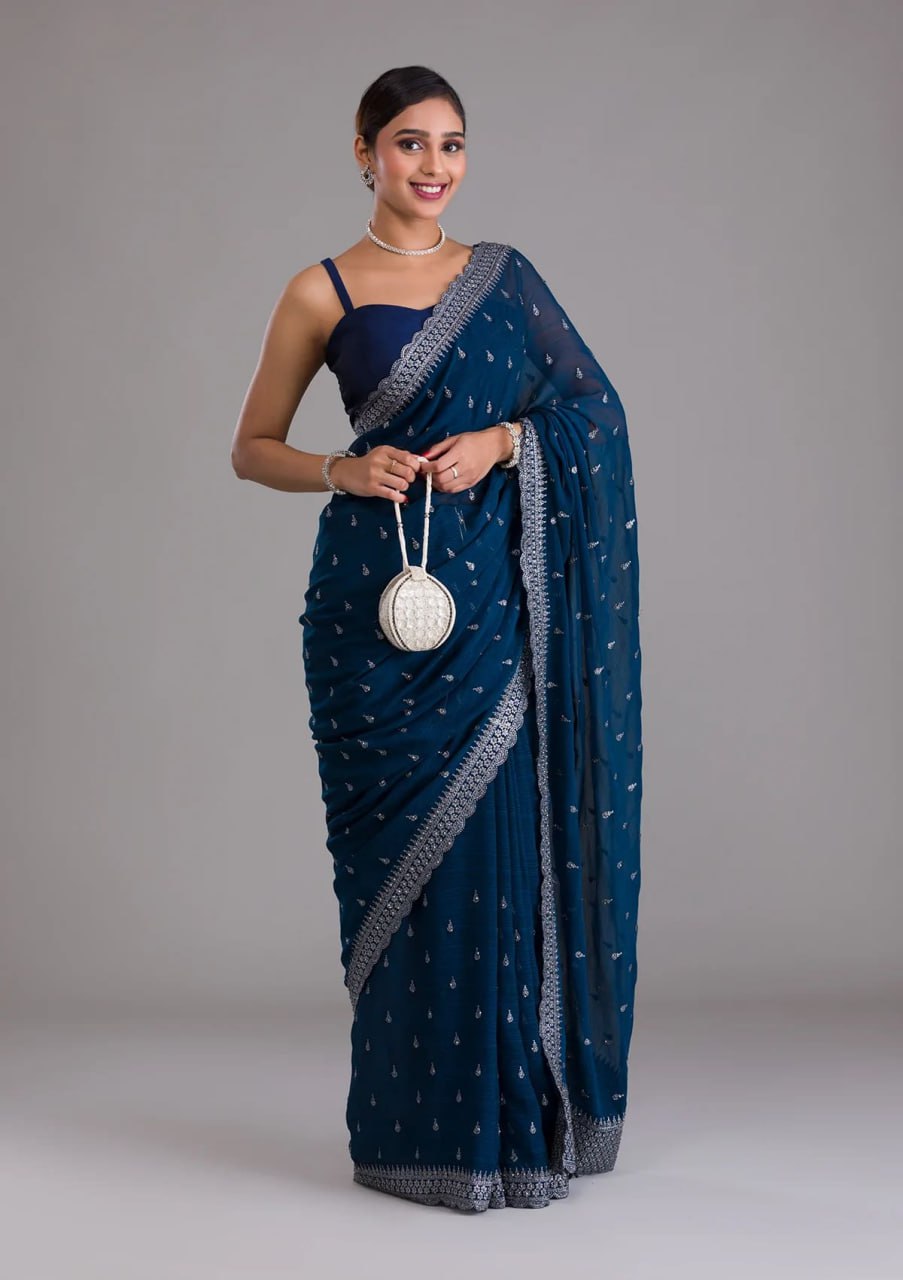Elegant Blue Chinon Chiffon Saree With Intricate Embroidery - ETHNICDEAL