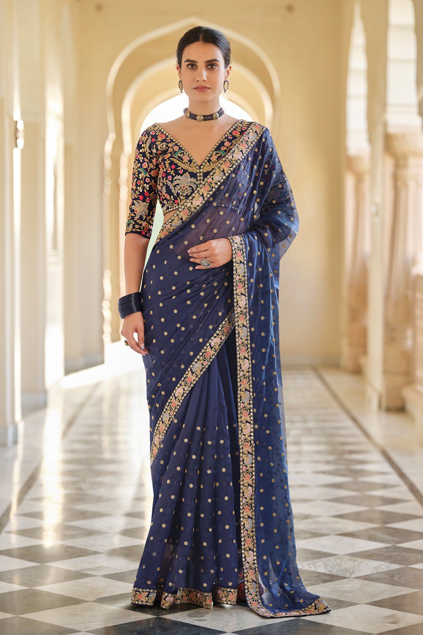 Elegant Charm – Blue Organza Saree with Zari, Thread & Sequins Work - ETHNICDEAL