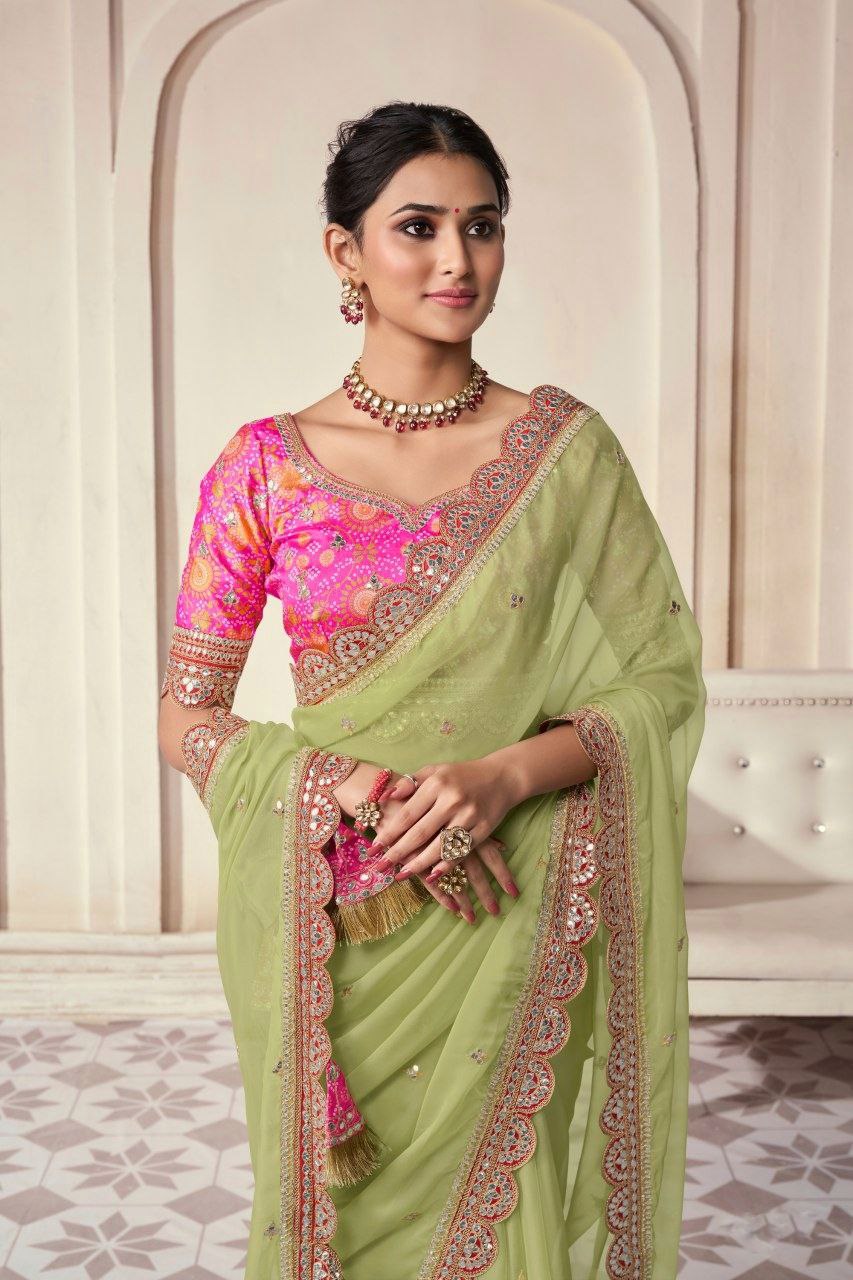 Elegant Green Organza Embroidered Saree - ETHNICDEAL
