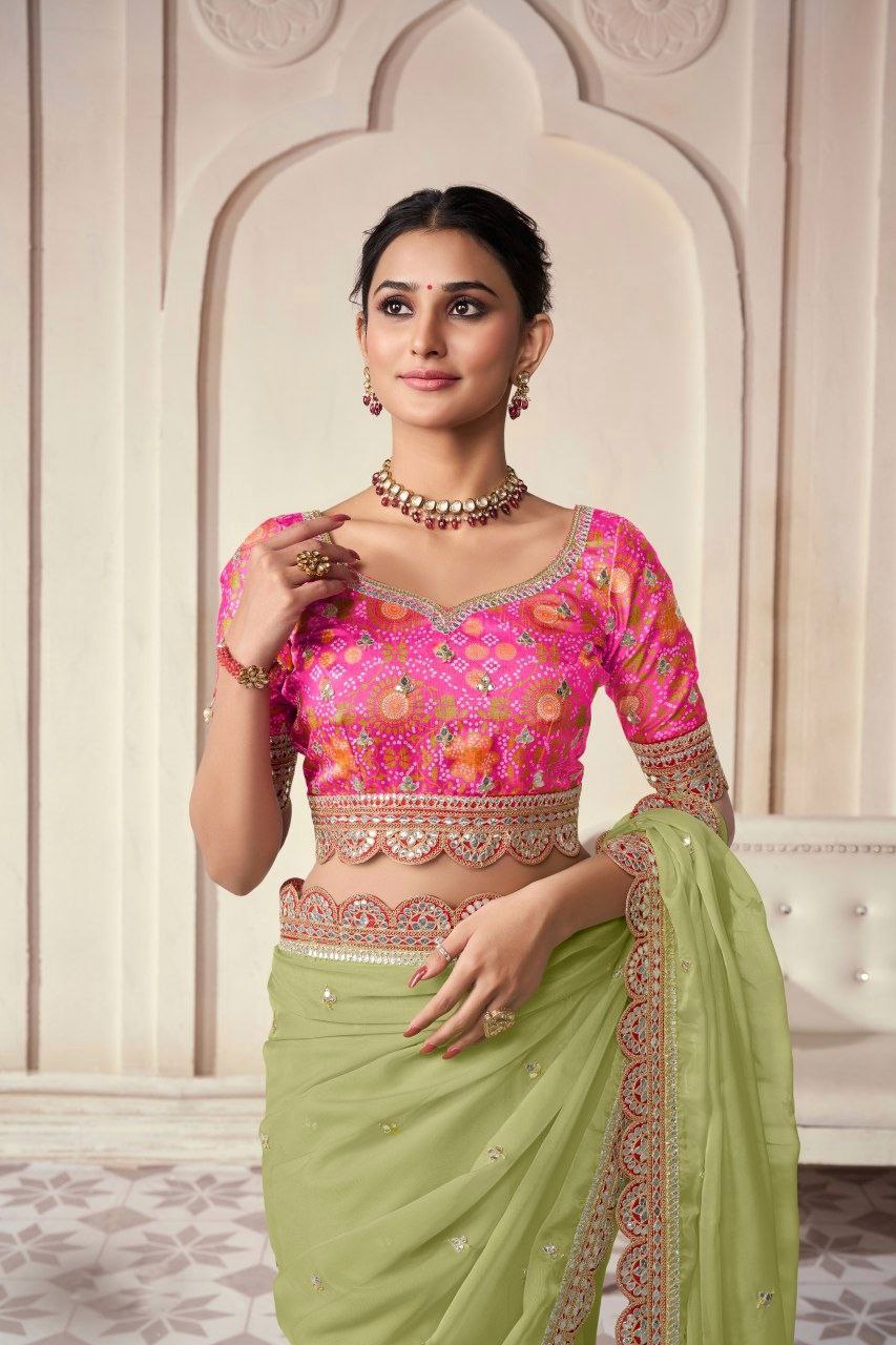 Elegant Green Organza Embroidered Saree - ETHNICDEAL