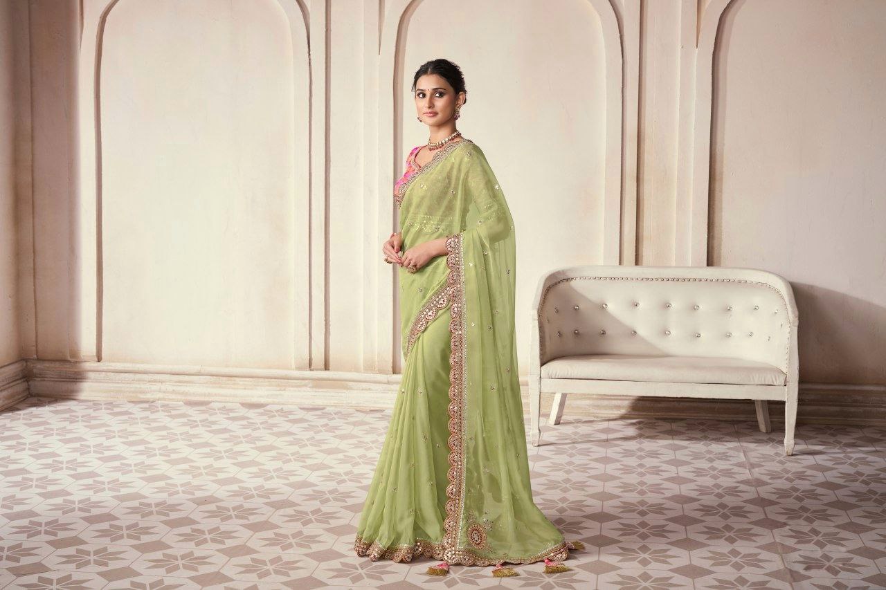 Elegant Green Organza Embroidered Saree - ETHNICDEAL
