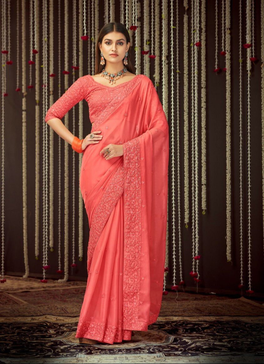 Grace in Peach Pink – Georgette Saree with Thread & Sequins Work - ETHNICDEAL
