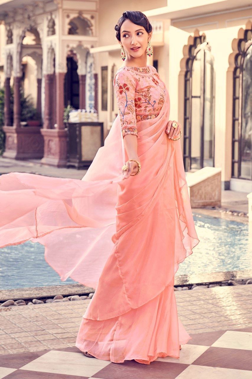 Graceful Peach Pink Organza Saree With Elegant Embroidery - ETHNICDEAL
