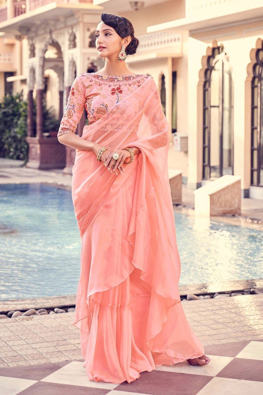 Graceful Peach Pink Organza Saree With Elegant Embroidery - ETHNICDEAL