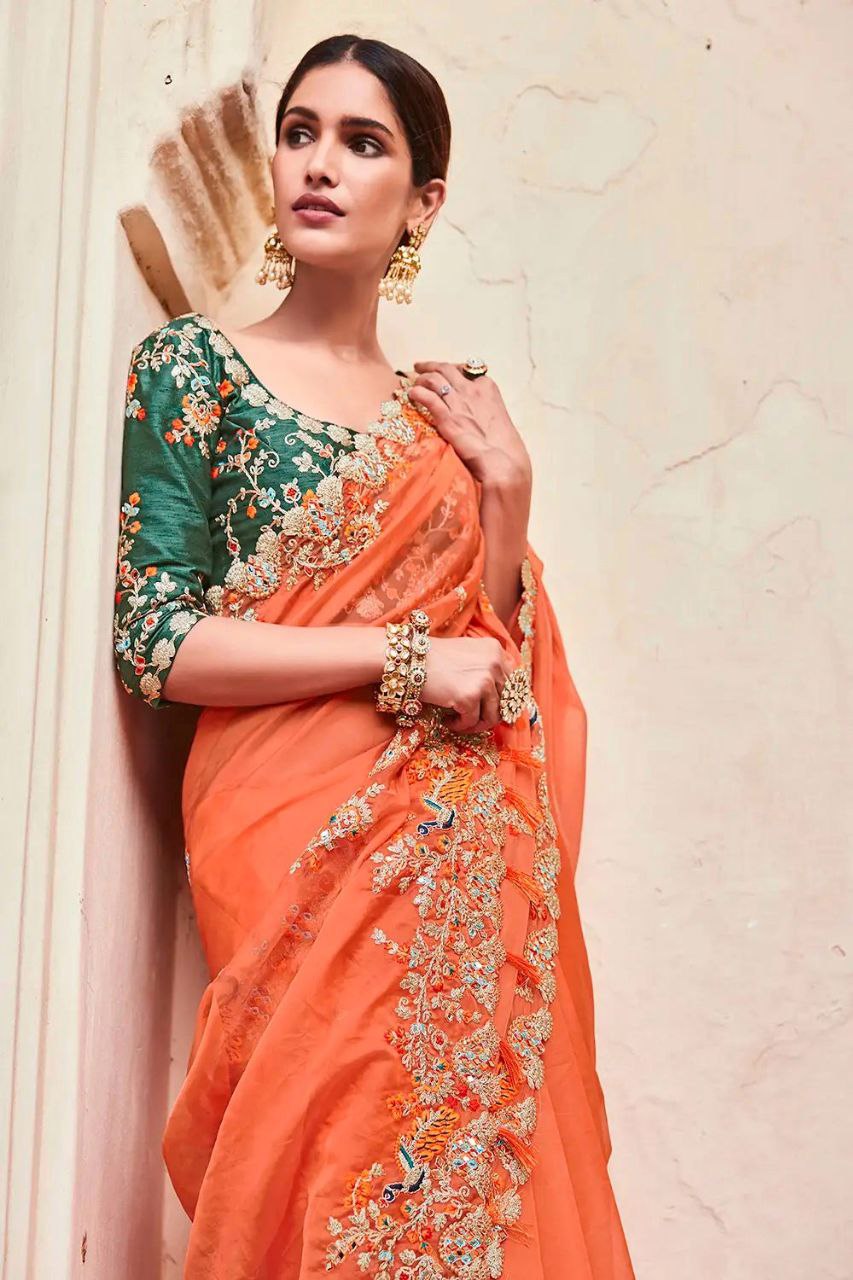 Orange Organza Saree with Real Mirror & Zari Work - ETHNICDEAL