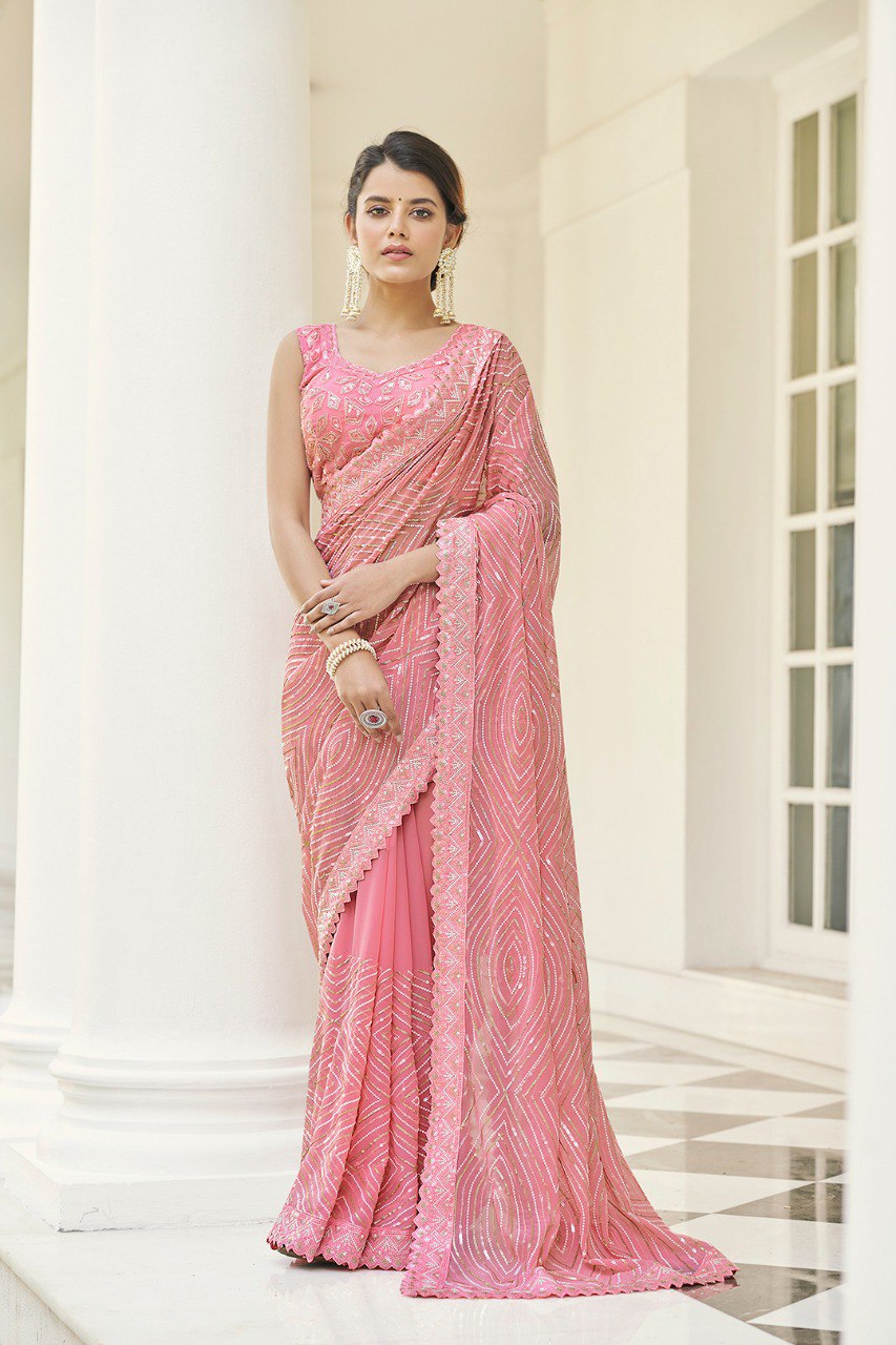 Pink Georgette Saree with Thread & Sequins Work - ETHNICDEAL